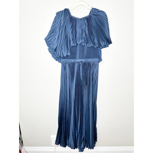 Mac Duggal 49638 Dark Blue Pleated Caplet Tea Length Dress $498 - Picture 2 of 9